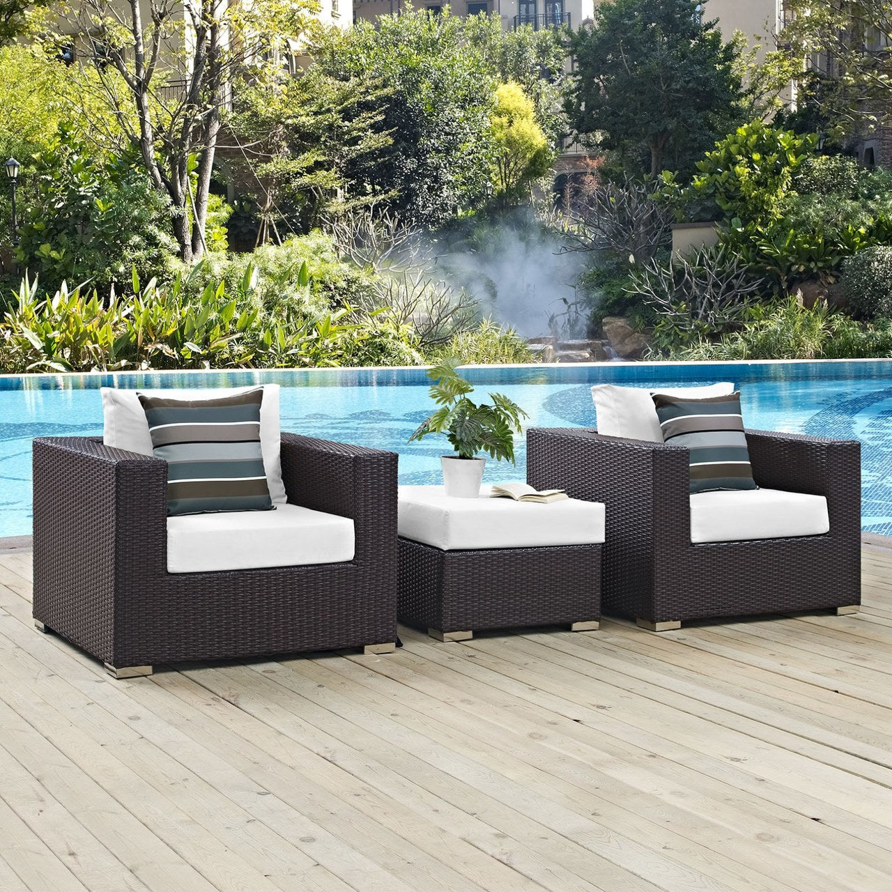 Convene Three PCS Outdoor Patio Sofa Set, White, Rattan 11105
