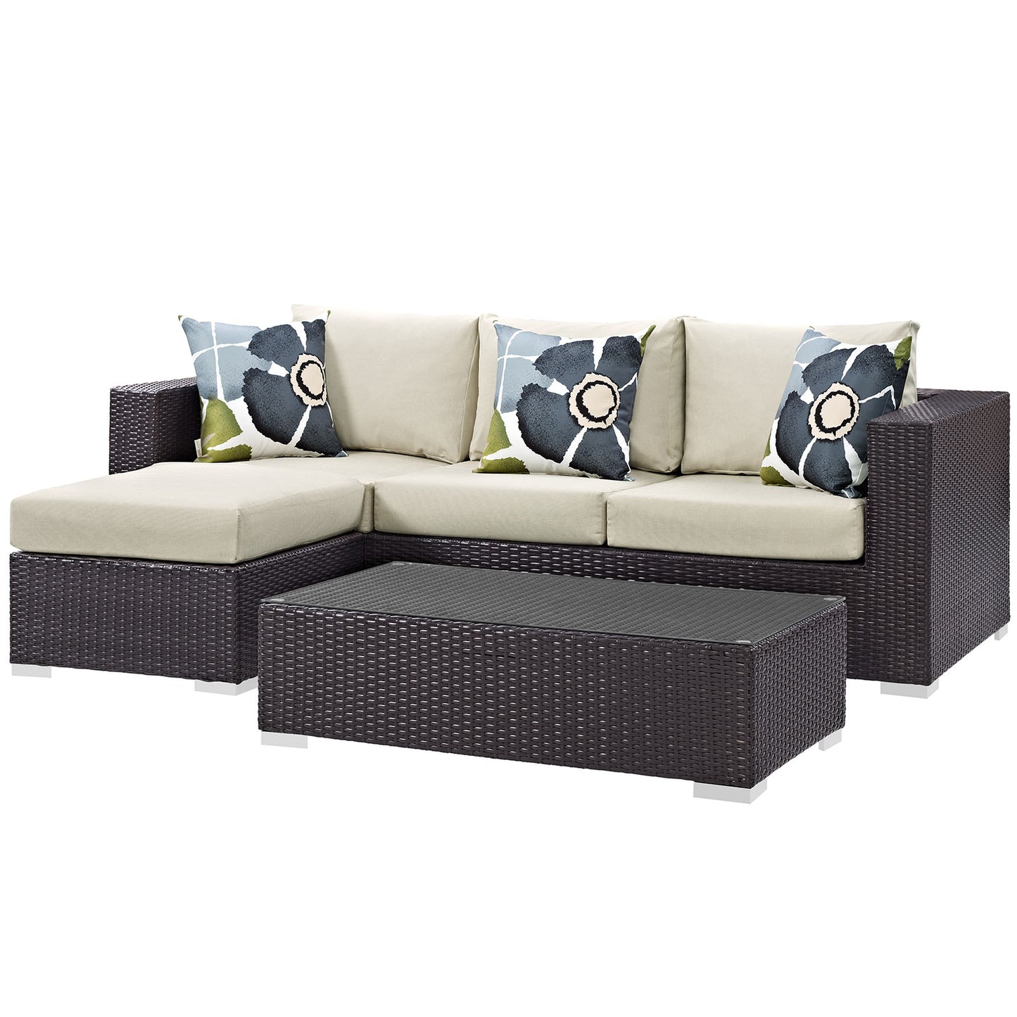 Convene 3 Piece Outdoor Patio Sofa Set, Rattan, Wicker, Dark Brown Beige, 18114