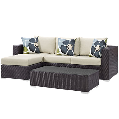Convene 3 Piece Outdoor Patio Sofa Set, Rattan, Wicker, Dark Brown Beige, 18114