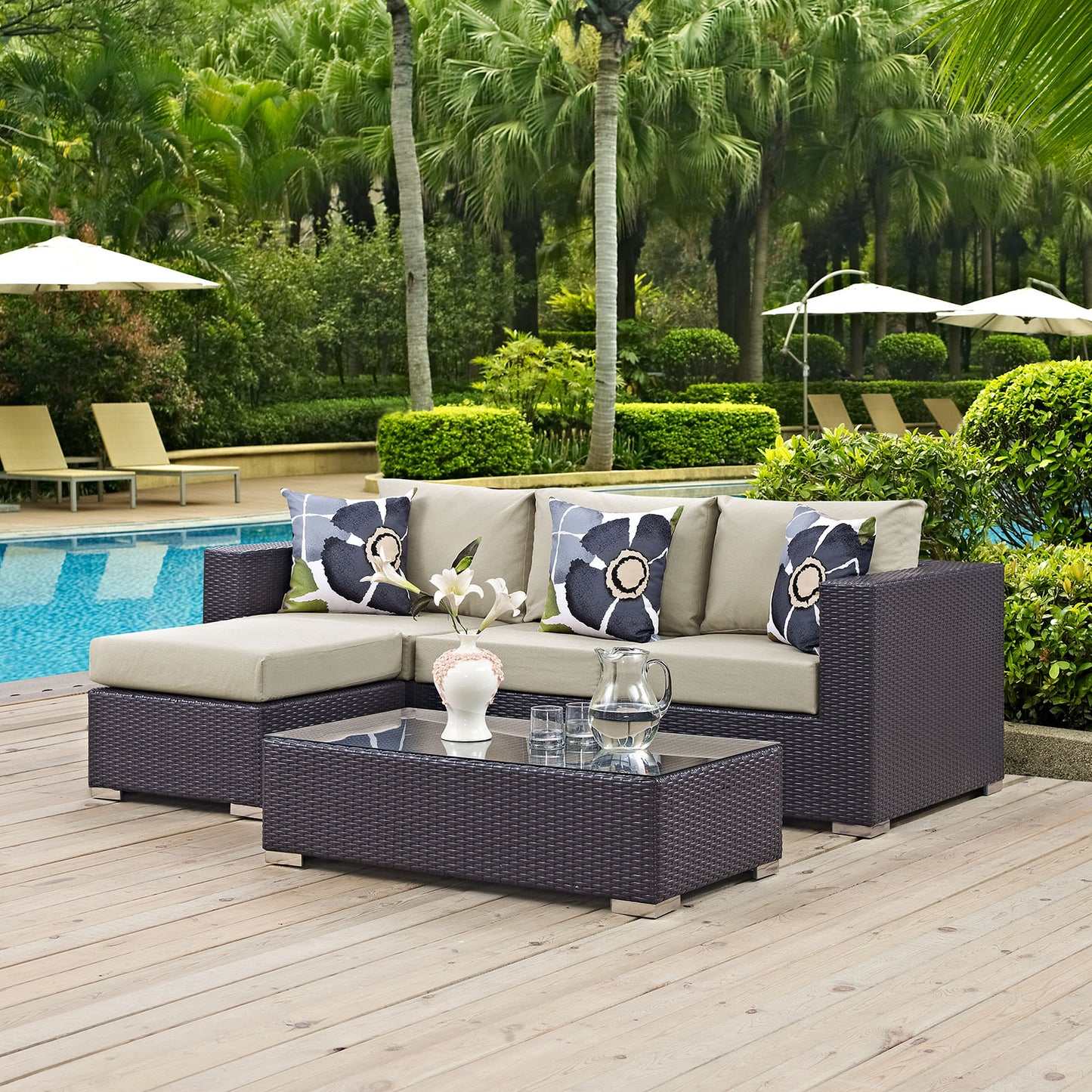 Convene 3 Piece Outdoor Patio Sofa Set, Rattan, Wicker, Dark Brown Beige, 18114