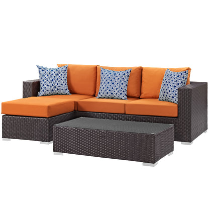Convene 3 Piece Outdoor Patio Sofa Set, Rattan, Wicker, Dark Brown Orange, 18116