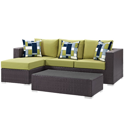 Convene 3 Piece Outdoor Patio Sofa Set, Rattan, Wicker, Dark Brown Green, 18117