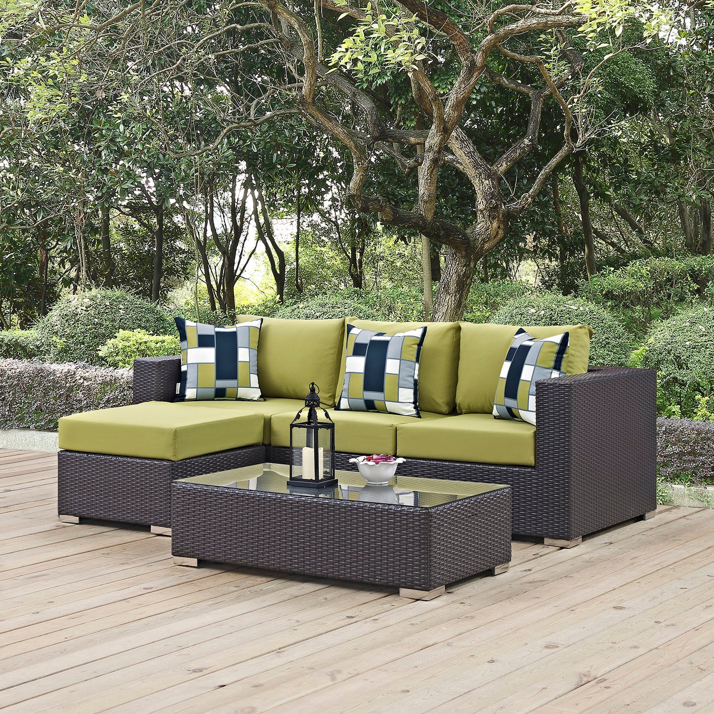 Convene 3 Piece Outdoor Patio Sofa Set, Rattan, Wicker, Dark Brown Green, 18117