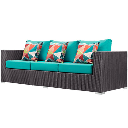 Convene 3 Piece Outdoor Patio Sofa Set, Rattan, Wicker, Dark Brown Blue, 18119