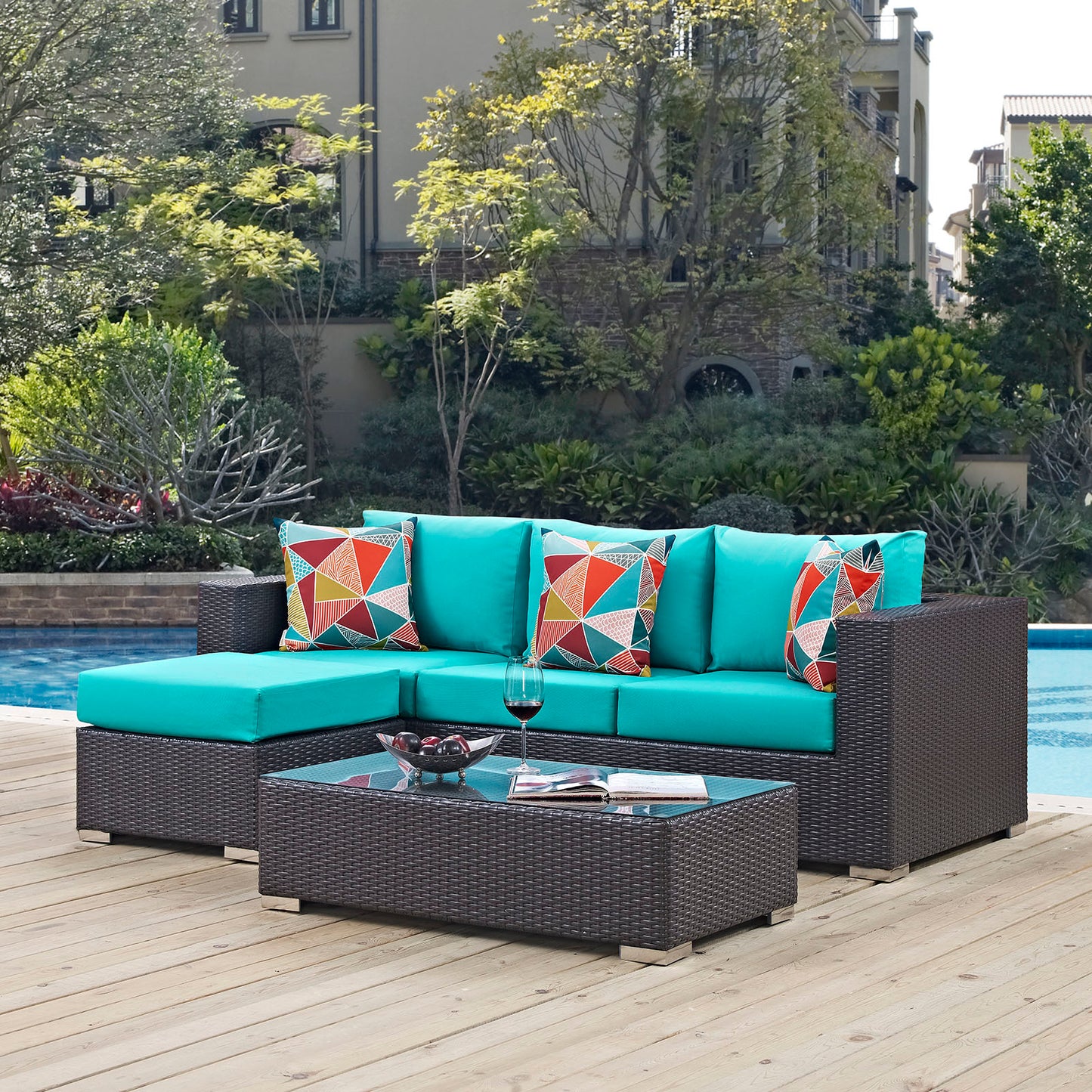 Convene 3 Piece Outdoor Patio Sofa Set, Rattan, Wicker, Dark Brown Blue, 18119