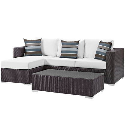 Convene 3 Piece Outdoor Patio Sofa Set, Rattan, Wicker, Dark Brown White, 18120