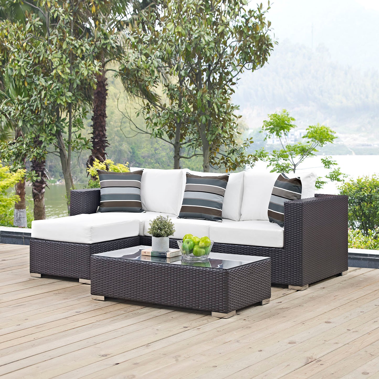 Convene 3 Piece Outdoor Patio Sofa Set, Rattan, Wicker, Dark Brown White, 18120