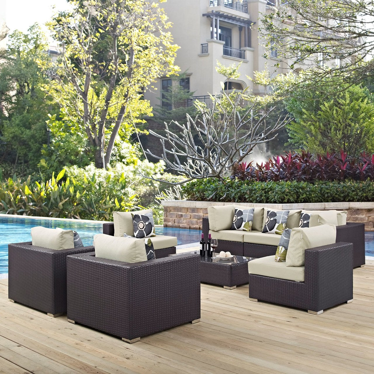 Convene Eight PCS Outdoor Patio Sectional Set, Beige, Rattan 11106