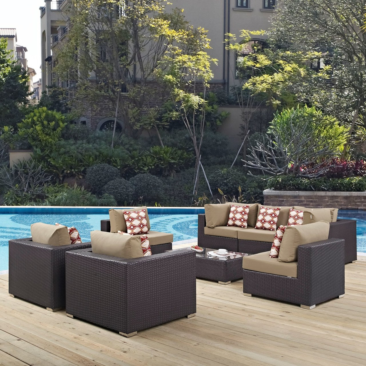 Convene Eight PCS Outdoor Patio Sectional Set, Brown, Rattan 11107