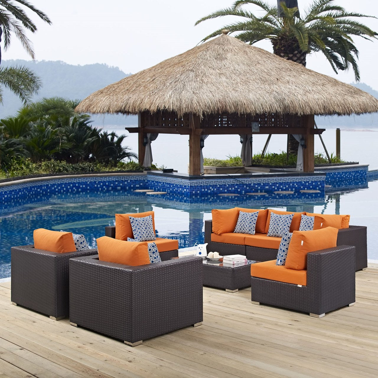 Convene Eight PCS Outdoor Patio Sectional Set, Orange, Rattan 11108