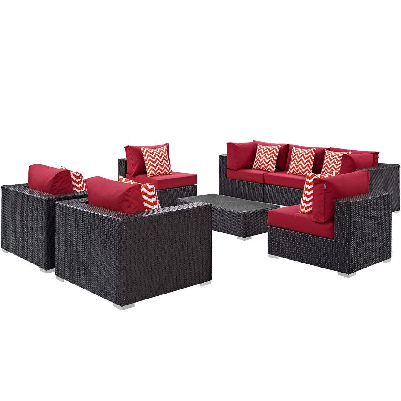 Convene Eight PCS Outdoor Patio Sectional Set, Red, Rattan 11110