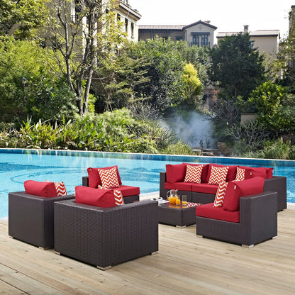Convene Eight PCS Outdoor Patio Sectional Set, Red, Rattan 11110
