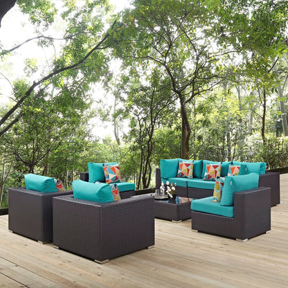 Convene Eight PCS Outdoor Patio Sectional Set, Blue, Rattan 11111