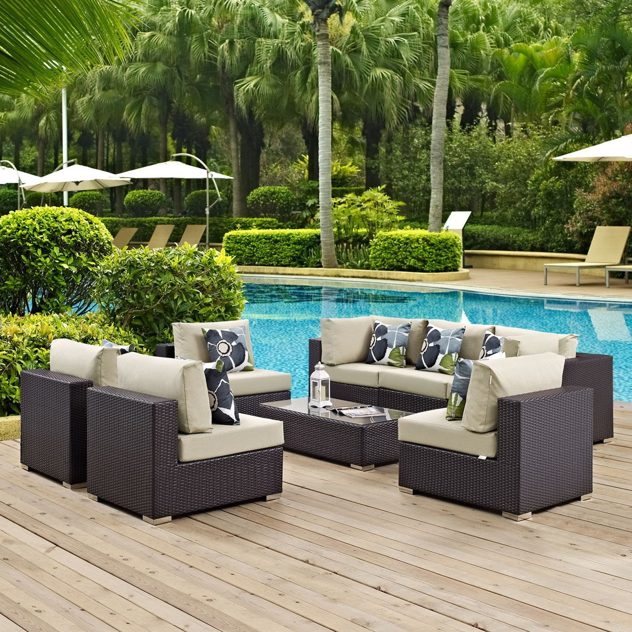 Convene Eight PCS Outdoor Patio Sectional Set, Beige, Rattan 11113