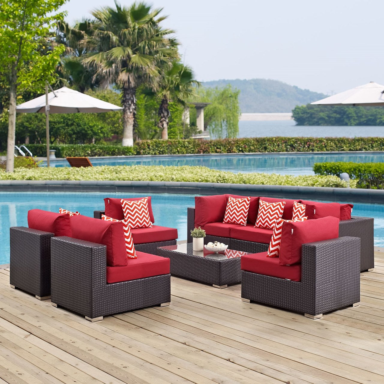 Convene Eight PCS Outdoor Patio Sectional Set, Red, Rattan 11117