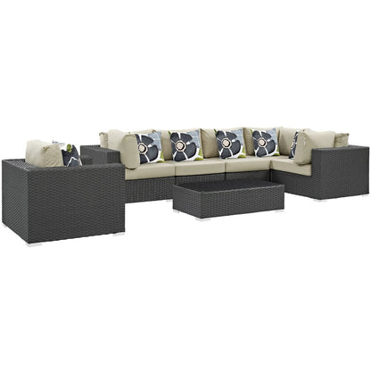 Sojourn Seven PCS Outdoor Patio Sunbrella Sectional Set, Beige, Rattan 11127