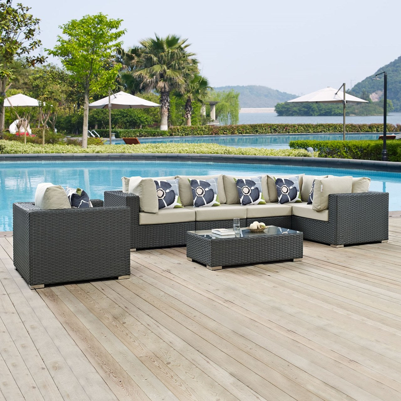 Sojourn Seven PCS Outdoor Patio Sunbrella Sectional Set, Beige, Rattan 11127