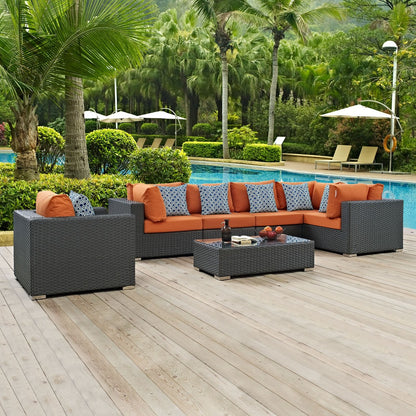 Sojourn Seven PCS Outdoor Patio Sunbrella Sectional Set, Orange, Rattan 11129