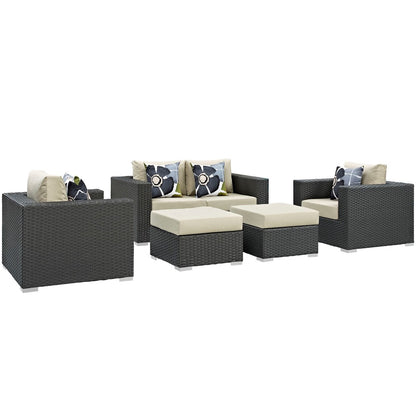 Sojourn Five PCS Outdoor Patio Sunbrella Sectional Set, Beige, Rattan 11130