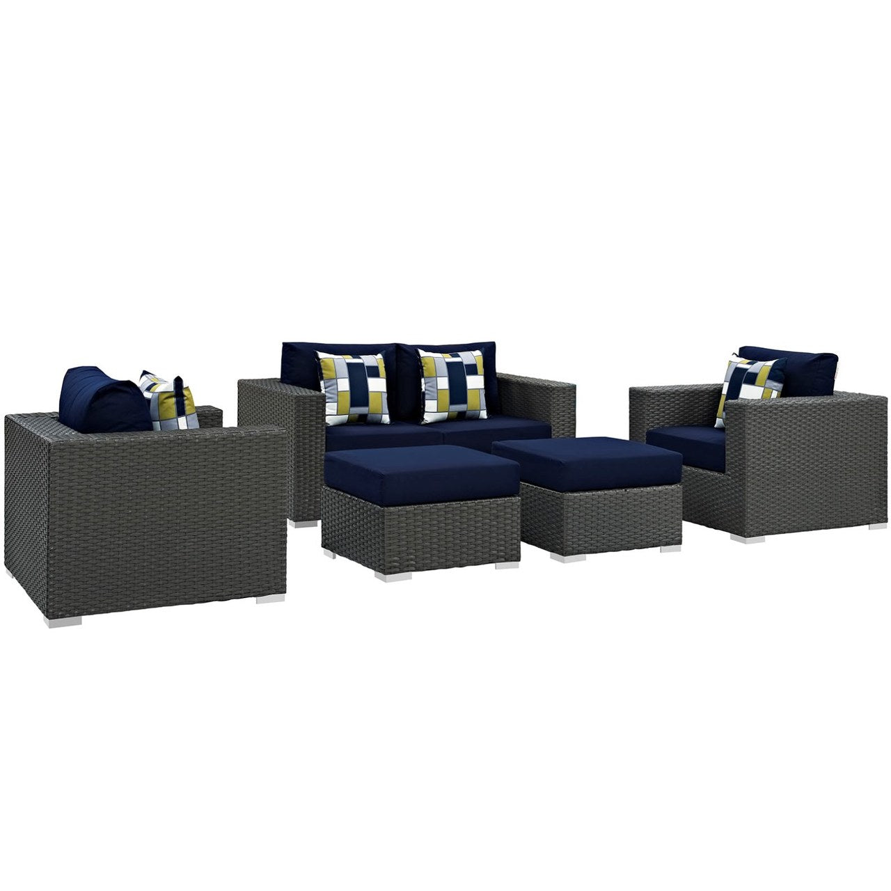 Sojourn Five PCS Outdoor Patio Sunbrella Sectional Set, Navy, Rattan 11131