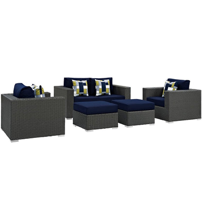 Sojourn Five PCS Outdoor Patio Sunbrella Sectional Set, Navy, Rattan 11131