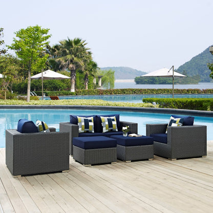 Sojourn Five PCS Outdoor Patio Sunbrella Sectional Set, Navy, Rattan 11131