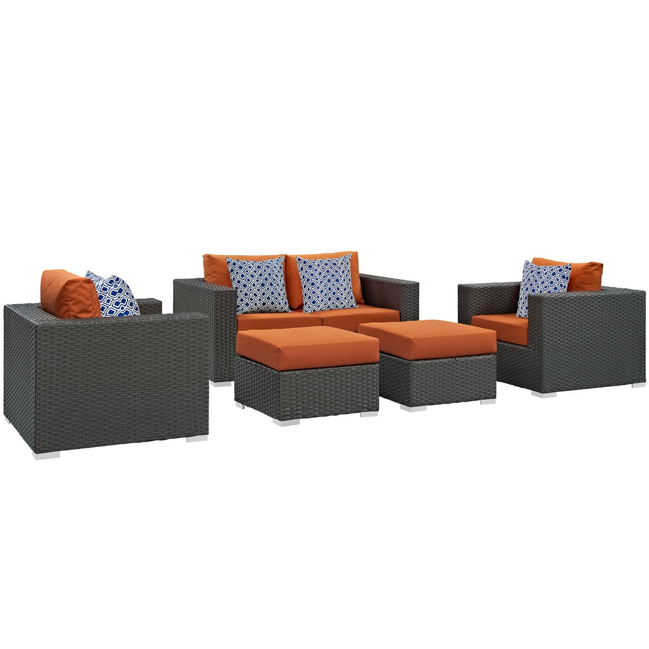 Sojourn Five PCS Outdoor Patio Sunbrella Sectional Set, Orange, Rattan 11132