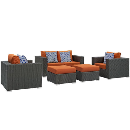Sojourn Five PCS Outdoor Patio Sunbrella Sectional Set, Orange, Rattan 11132