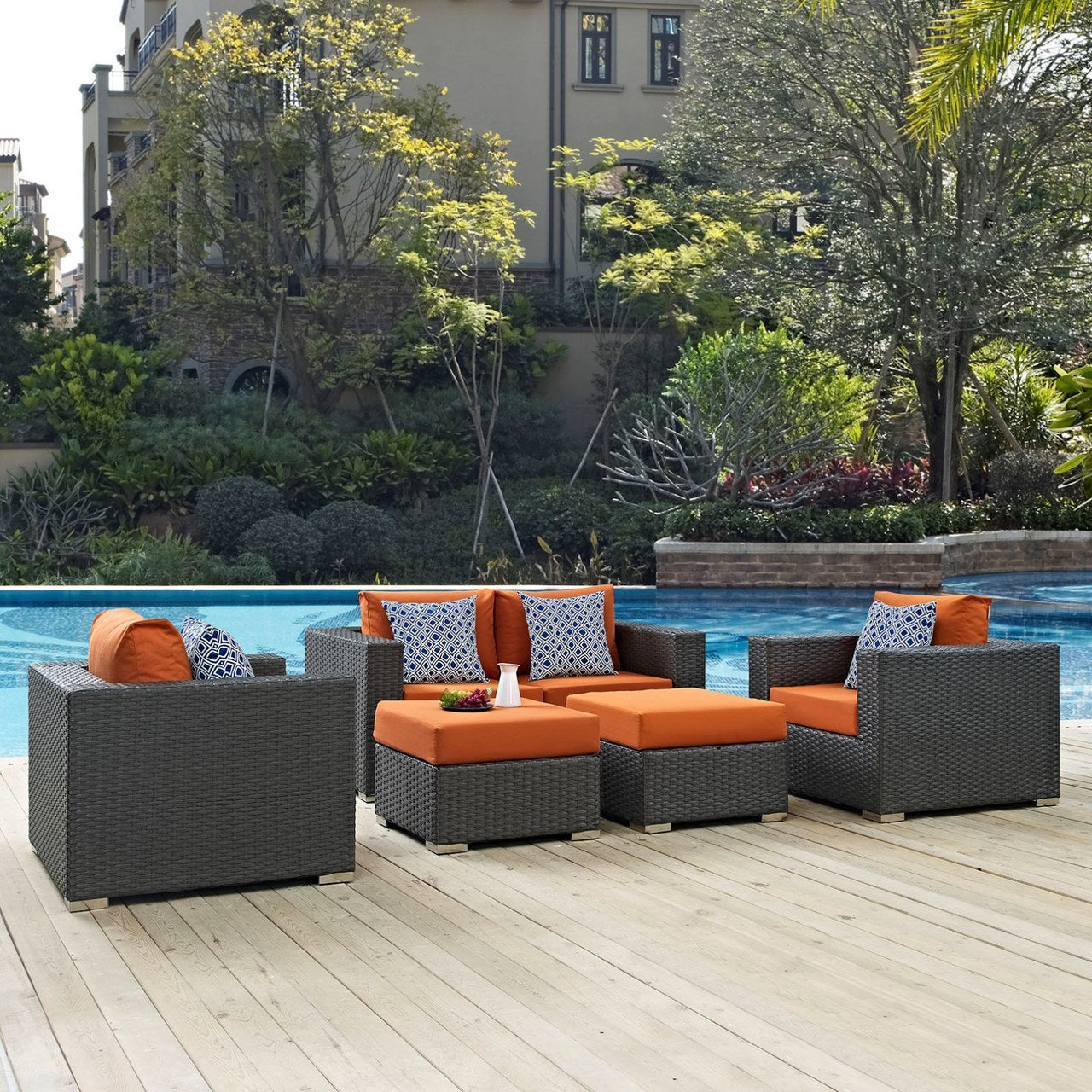 Sojourn Five PCS Outdoor Patio Sunbrella Sectional Set, Orange, Rattan 11132