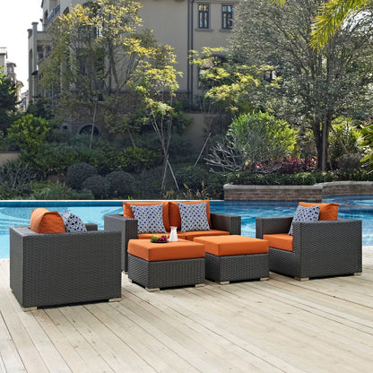 Sojourn Five PCS Outdoor Patio Sunbrella Sectional Set, Orange, Rattan 11132