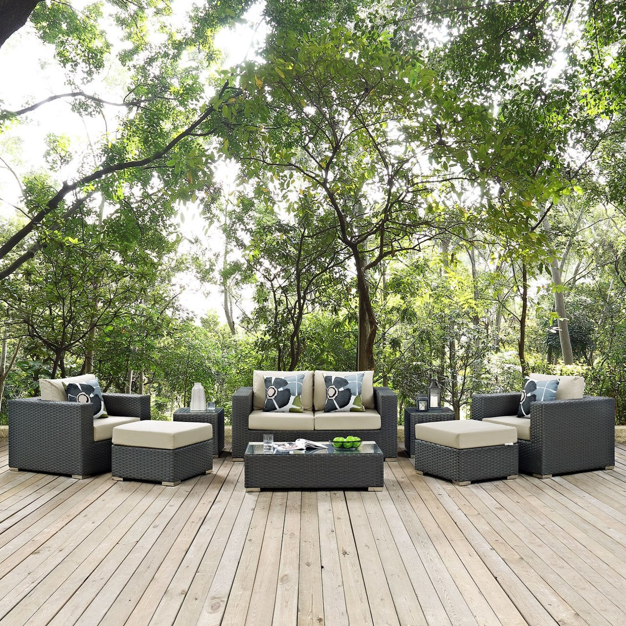Sojourn Eight PCS Outdoor Patio Sunbrella Sectional Set, Beige, Rattan 11133
