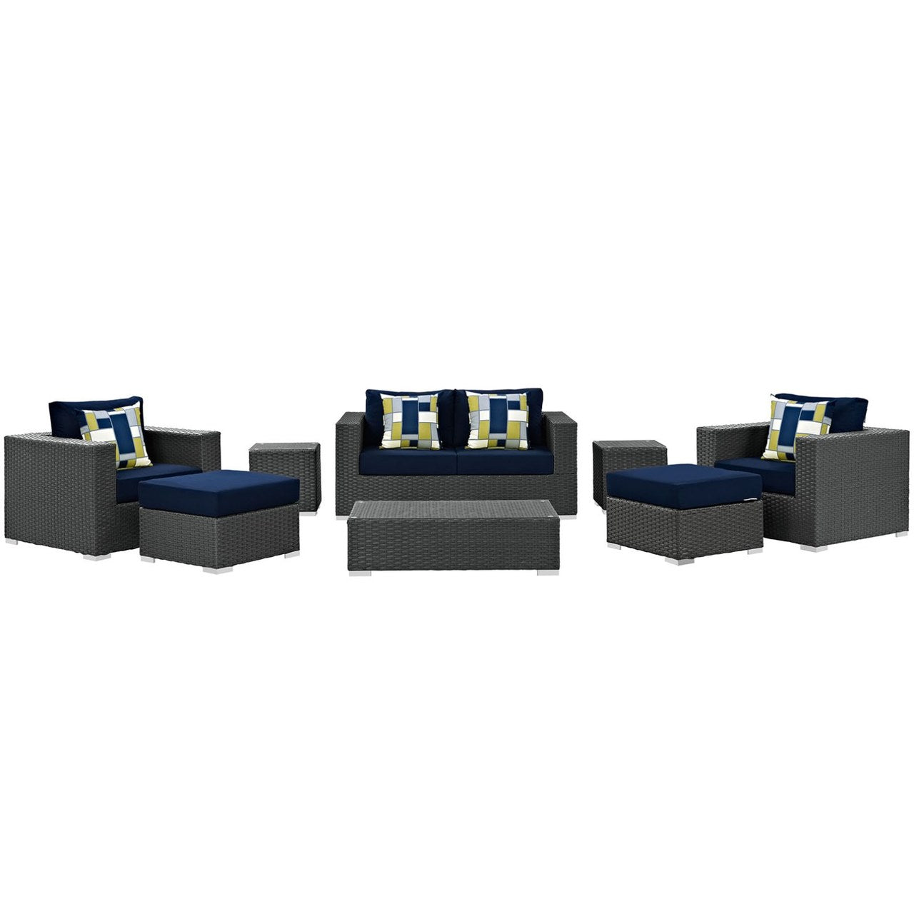 Sojourn Eight PCS Outdoor Patio Sunbrella Sectional Set, Navy, Rattan 11134