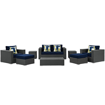 Sojourn Eight PCS Outdoor Patio Sunbrella Sectional Set, Navy, Rattan 11134