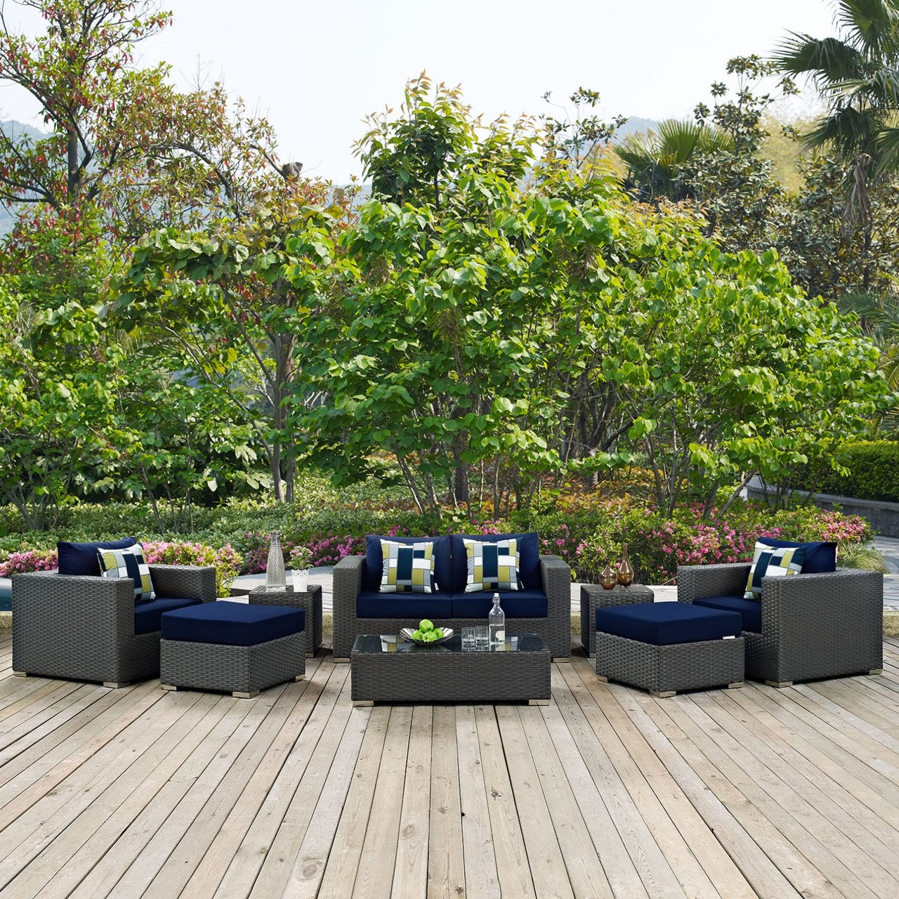 Sojourn Eight PCS Outdoor Patio Sunbrella Sectional Set, Navy, Rattan 11134