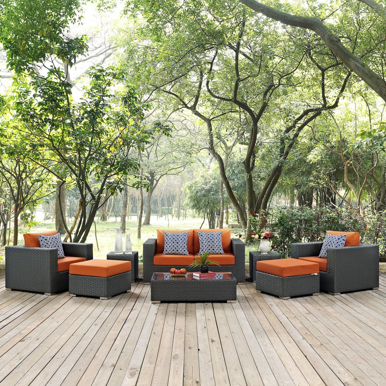 Sojourn Eight PCS Outdoor Patio Sunbrella Sectional Set, Orange, Rattan 11135