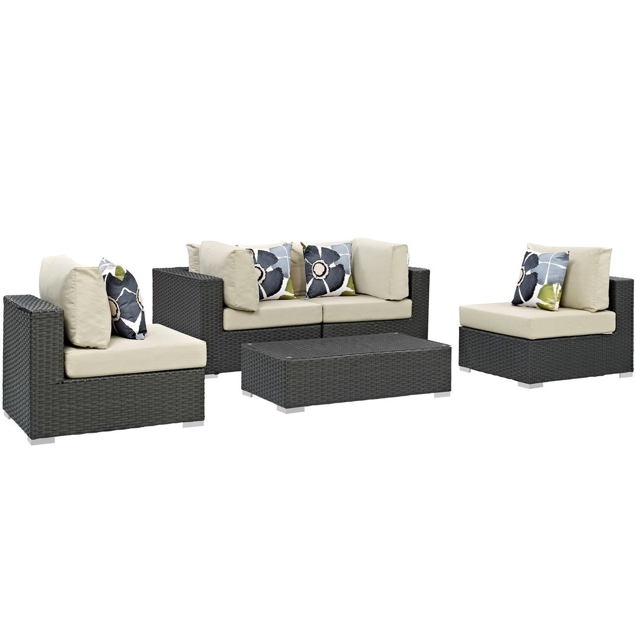 Sojourn Five PCS Outdoor Patio Sunbrella Sectional Set, Beige, Rattan 11139
