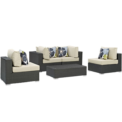 Sojourn Five PCS Outdoor Patio Sunbrella Sectional Set, Beige, Rattan 11139