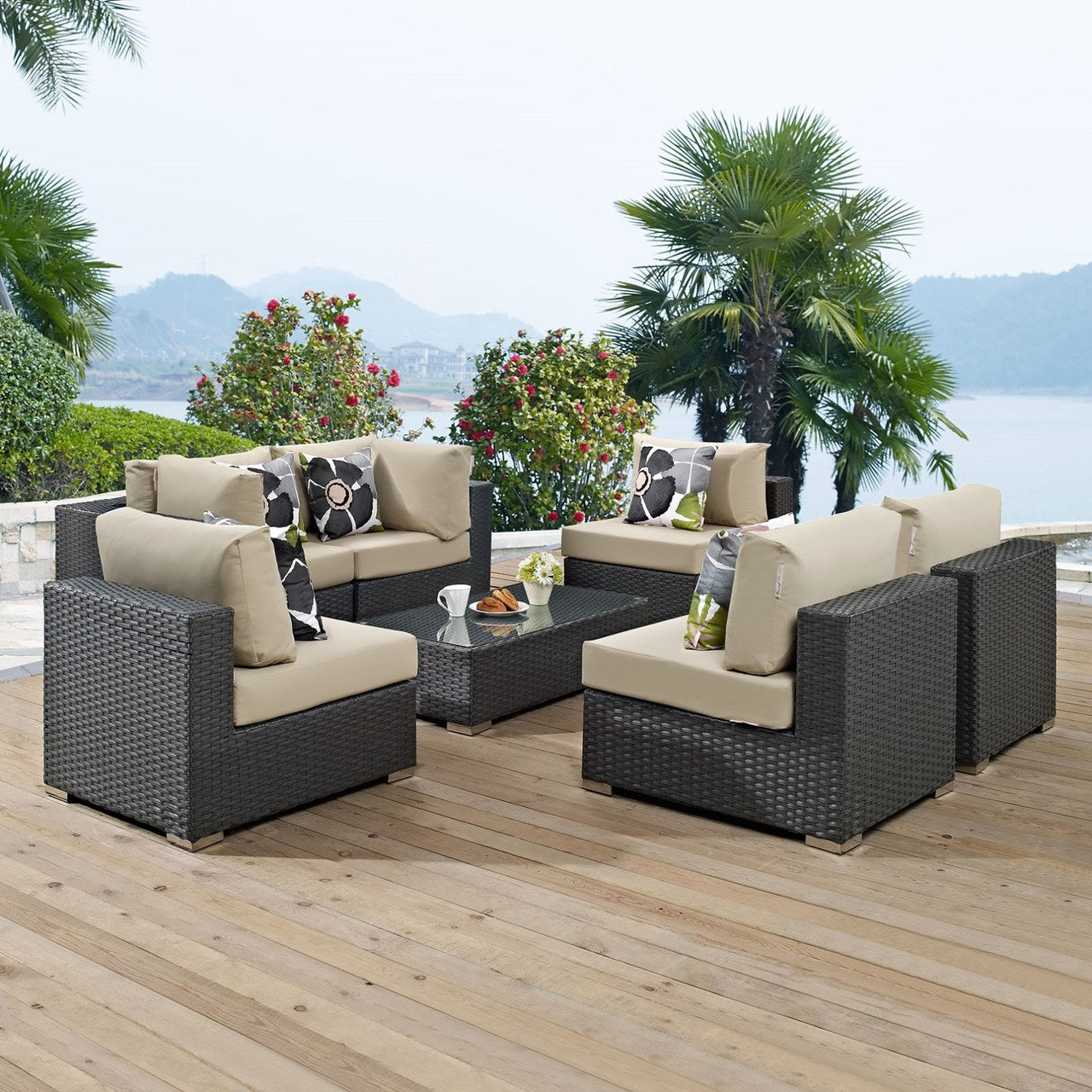 Sojourn Seven PCS Outdoor Patio Sunbrella Sectional Set, Beige, Rattan 11142