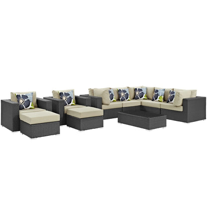 Sojourn Ten PCS Outdoor Patio Sunbrella Sectional Set, Beige, Rattan 11154
