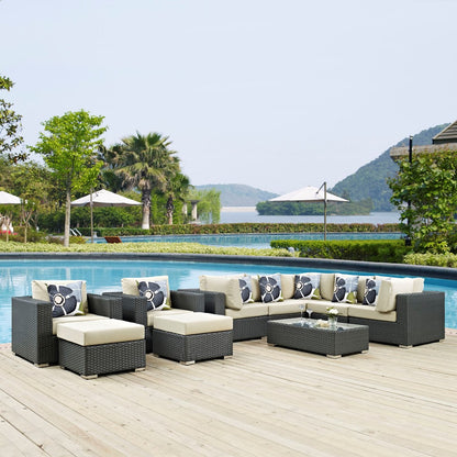 Sojourn Ten PCS Outdoor Patio Sunbrella Sectional Set, Beige, Rattan 11154