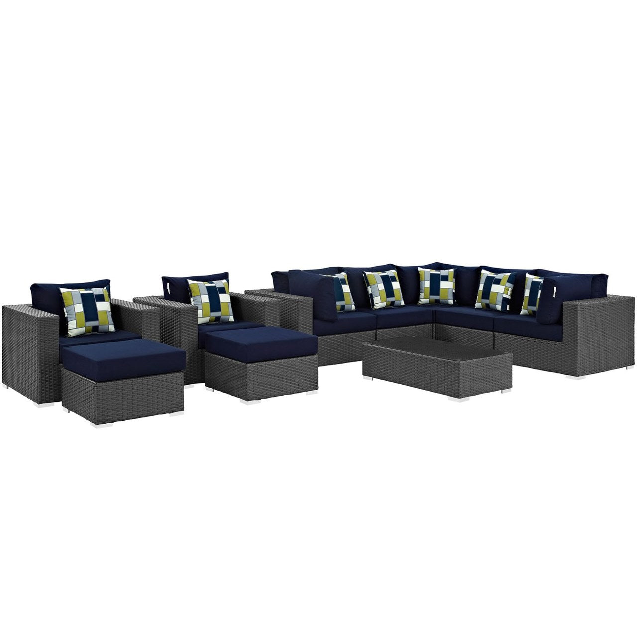 Sojourn Ten PCS Outdoor Patio Sunbrella Sectional Set, Navy, Rattan 11155