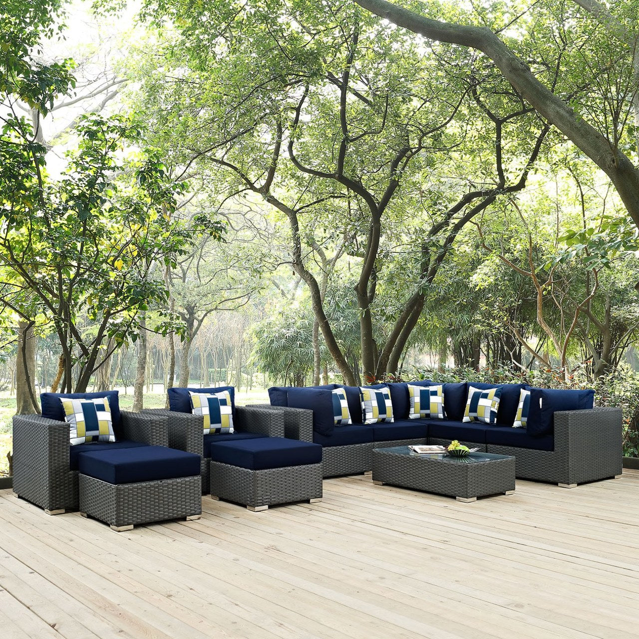 Sojourn Ten PCS Outdoor Patio Sunbrella Sectional Set, Navy, Rattan 11155