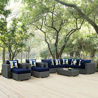 Sojourn Ten PCS Outdoor Patio Sunbrella Sectional Set, Navy, Rattan 11155