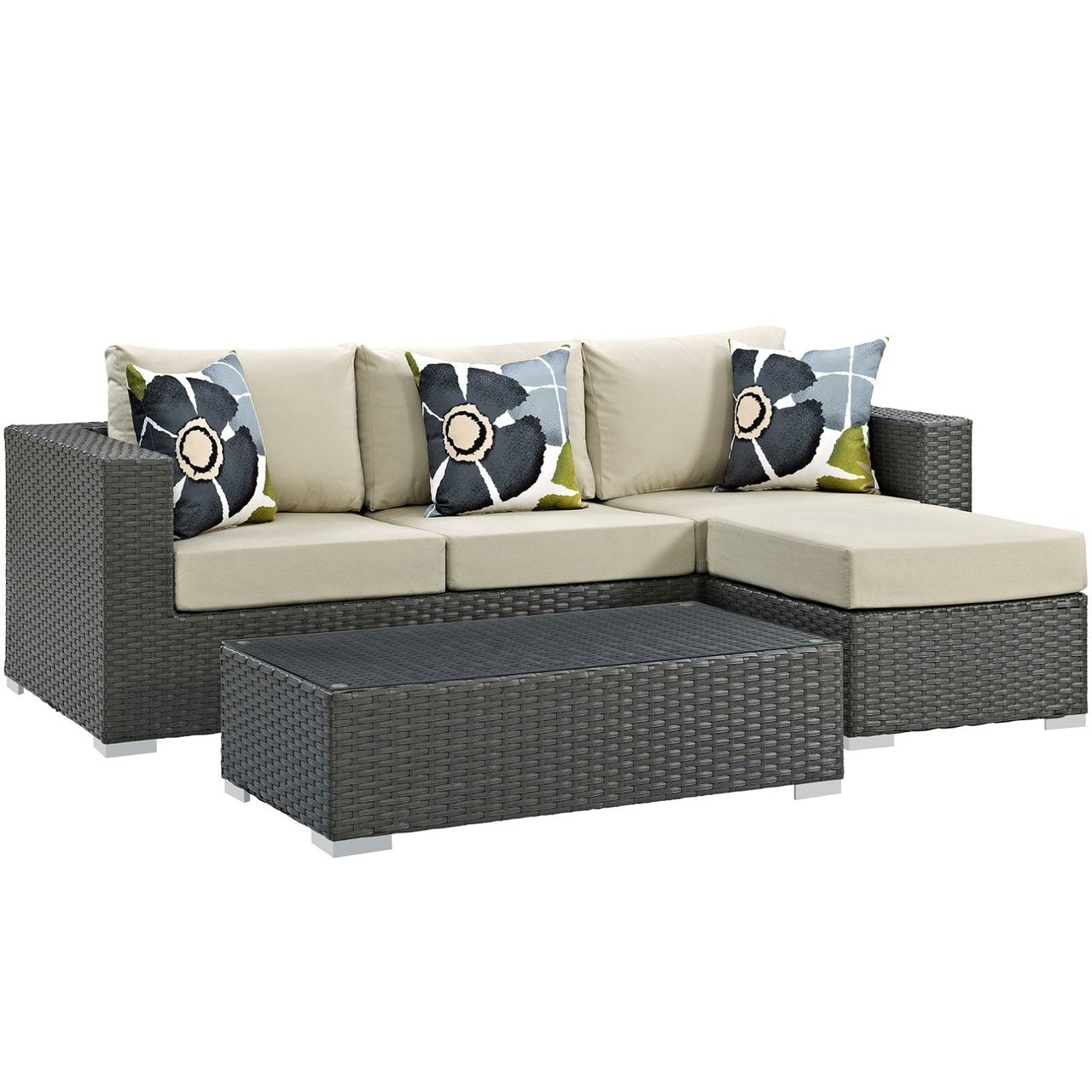Sojourn Three PCS Outdoor Patio Sunbrella Sectional Set, Beige, Rattan 11157