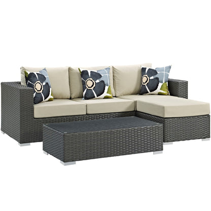 Sojourn Three PCS Outdoor Patio Sunbrella Sectional Set, Beige, Rattan 11157