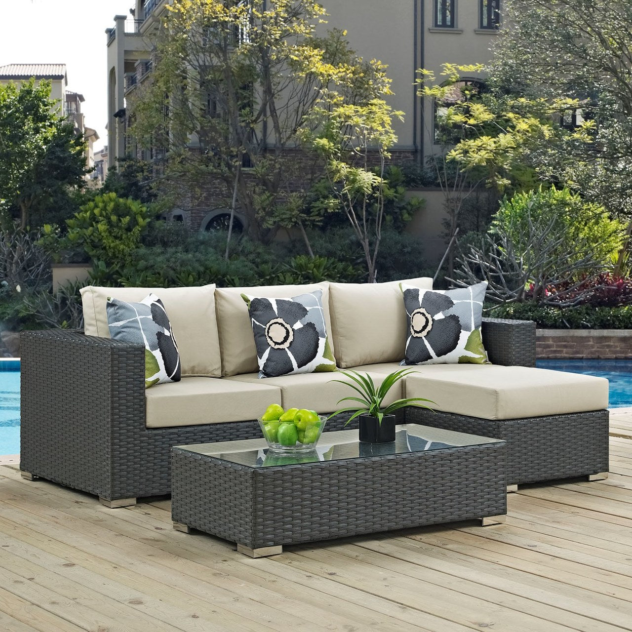 Sojourn Three PCS Outdoor Patio Sunbrella Sectional Set, Beige, Rattan 11157