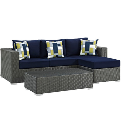 Sojourn Three PCS Outdoor Patio Sunbrella Sectional Set, Navy, Rattan 11158