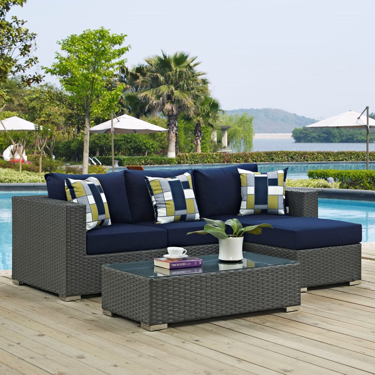 Sojourn Three PCS Outdoor Patio Sunbrella Sectional Set, Navy, Rattan 11158