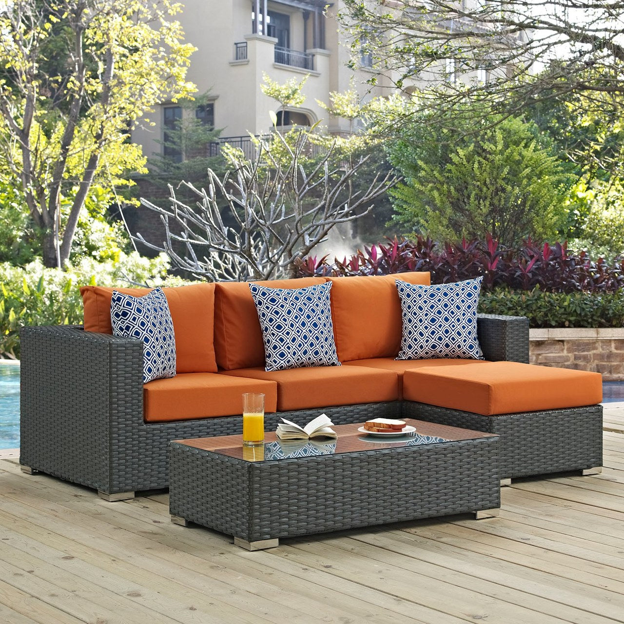 Sojourn Three PCS Outdoor Patio Sunbrella Sectional Set, Orange, Rattan 11159
