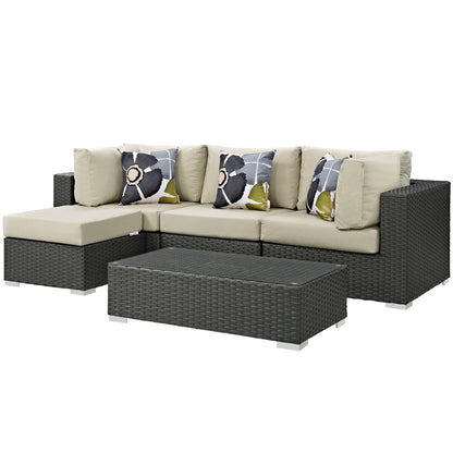 Sojourn Five PCS Outdoor Patio Sunbrella Sectional Set, Beige, Rattan 11160